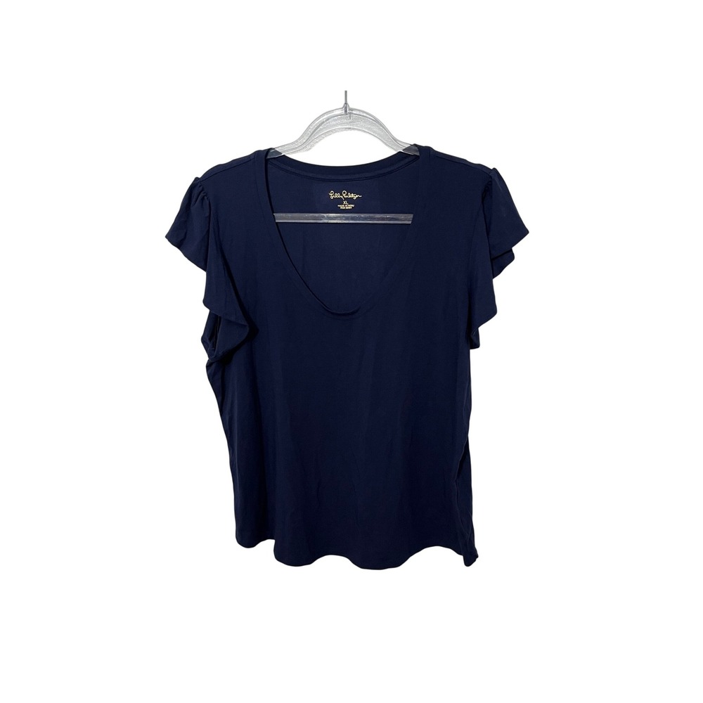 Lilly Pulitzer Flutter Sleeve Top Womens XL Navy Blue V-Neck Ruffle Knit Tee